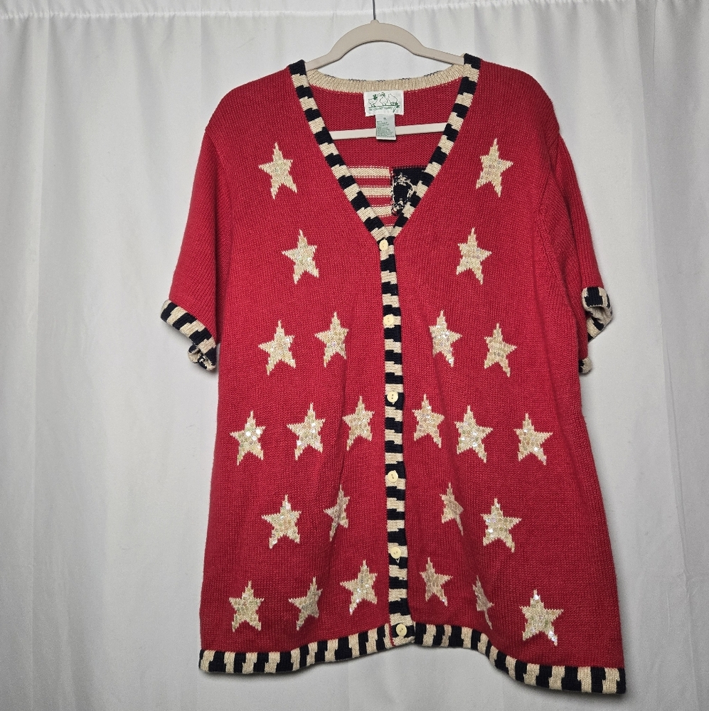 Vintage Red,Navy Blue, Cream Star Patterned American Flag Knit Cardigan Size XL